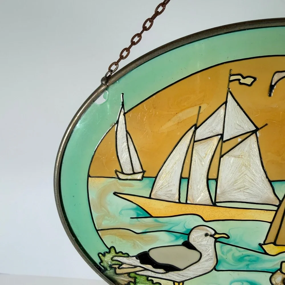 Handpainted Stained Glass‎ Oval Sun Catcher Lighthouse Sailboats Seagull Coastal